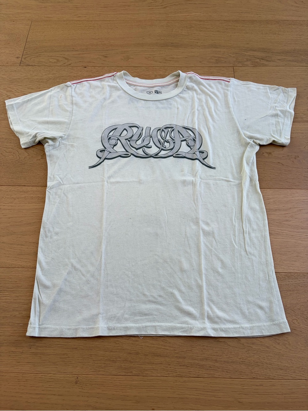 RVCA White Short Sleeve Crewneck Tee with Gray Script Logo